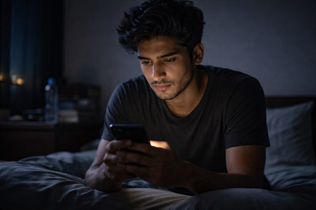 young man looking confused while using teen patti earning app at night