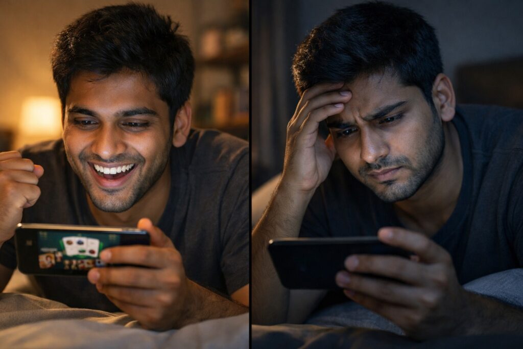 player experiencing win and loss emotions while playing teen patti game